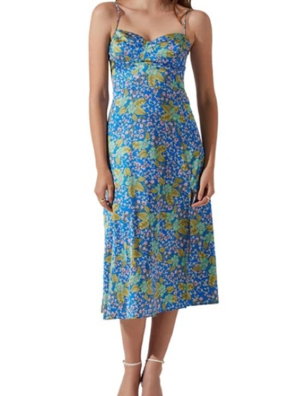 Astr Blue Floral Midi Dress with Yellow Leaf Print